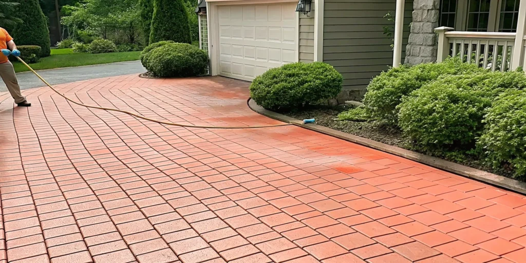 Soft washing a paver driveway on a Long Island home