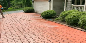 Soft washing a paver driveway on a Long Island home