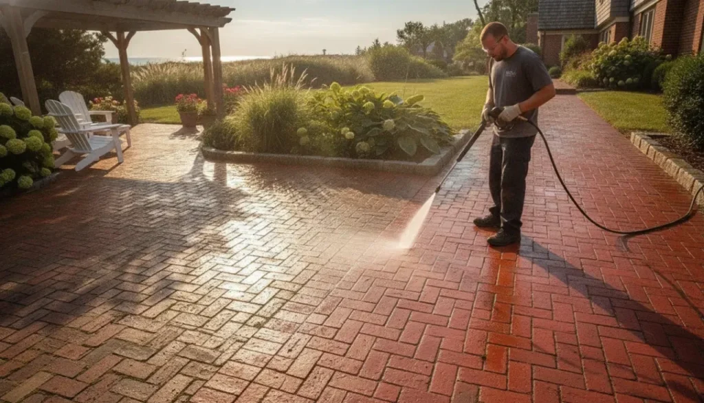 Professional technician soft washing a brick paver patio to reveal its vibrant red color