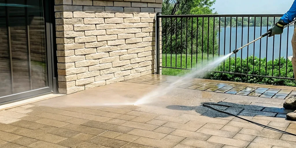 Technician soft washing a paver patio with a wide fan spray on Long Island