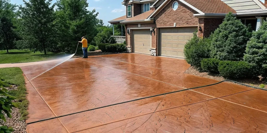 Professional soft washing a Long Island concrete driveway and walkway