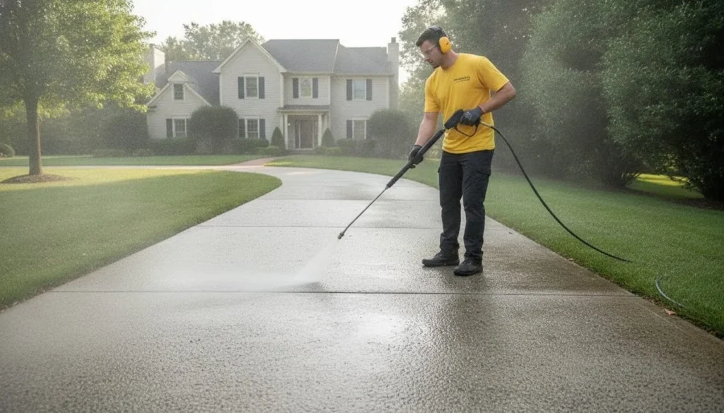 Technician low-pressure washing a concrete driveway at a Long Island home