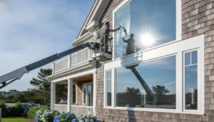 Professional exterior window cleaning technician polishing a large coastal window pane on a Long Island home