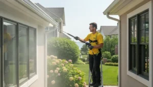 Professional soft washing a stained aluminum gutter on a Long Island home to remove tiger stripes and oxidation