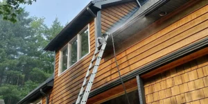Technician applying a low-pressure soft wash to gutters on a two-story Long Island home