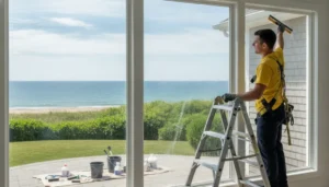 Professional cleaner working on exterior windows at a Long Island home