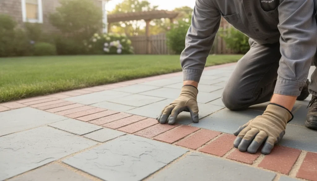 A masonry contractor inspecting freshly laid brick and stone pavers on a luxury Long Island walkway