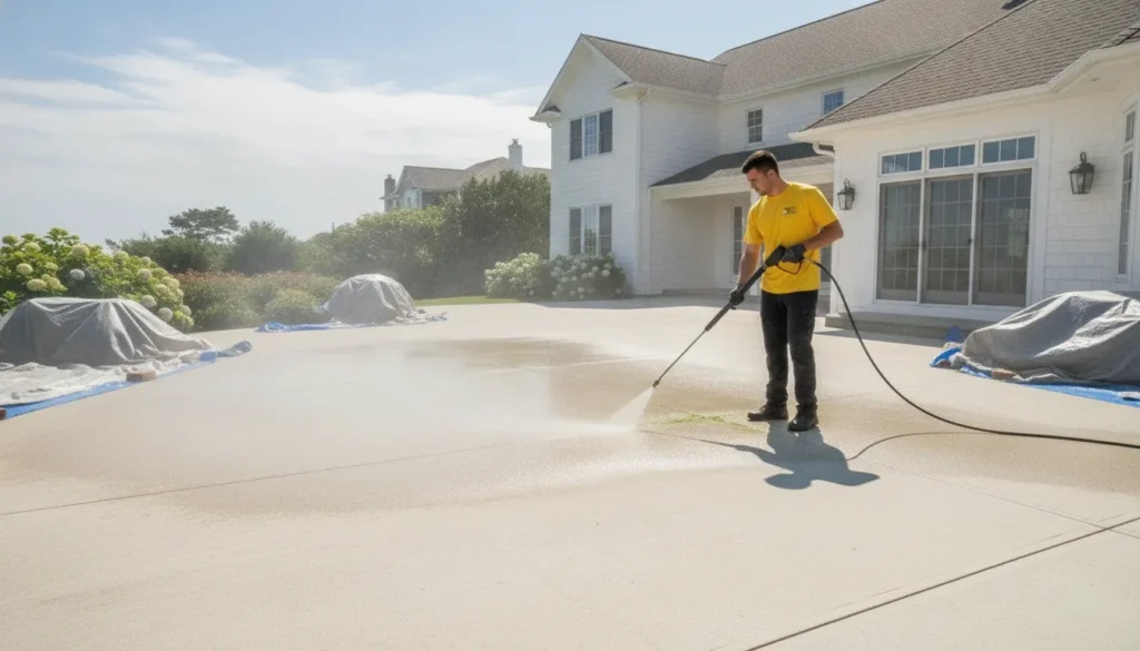 Technician using a low-pressure treatment to remove green algae from concrete patio