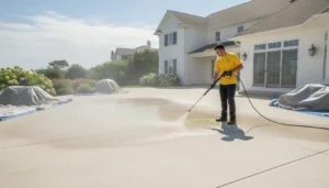Technician using a low-pressure treatment to remove green algae from concrete patio