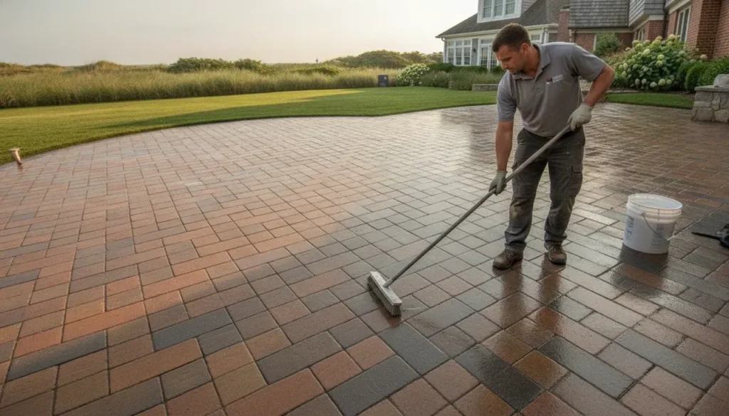 Professional paver sealing applied to a luxury paver patio at a Long Island coastal home