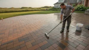 Professional paver sealing applied to a luxury paver patio at a Long Island coastal home
