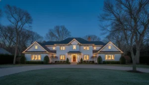 Permanent holiday lighting on a luxury multi-story Hamptons home