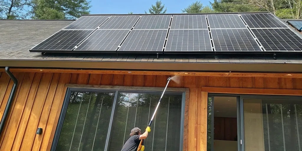 Professional soft washing of roof-mounted solar panels on a residential home