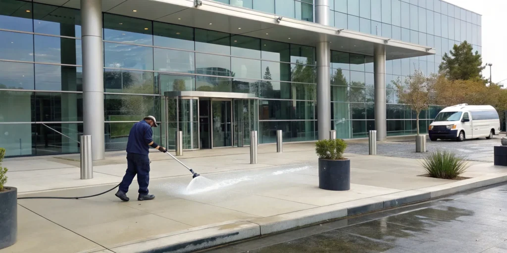 A commercial pressure washing company cleaning a building's exterior sidewalk.