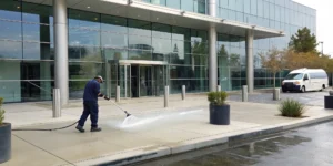 A commercial pressure washing company cleaning a building's exterior sidewalk.