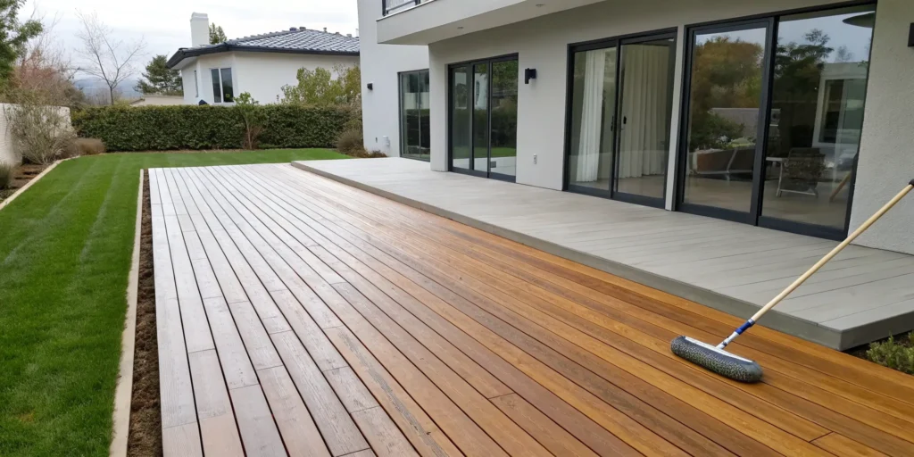 Applying stain to a wooden deck with a roller for a deck sealing and staining project.