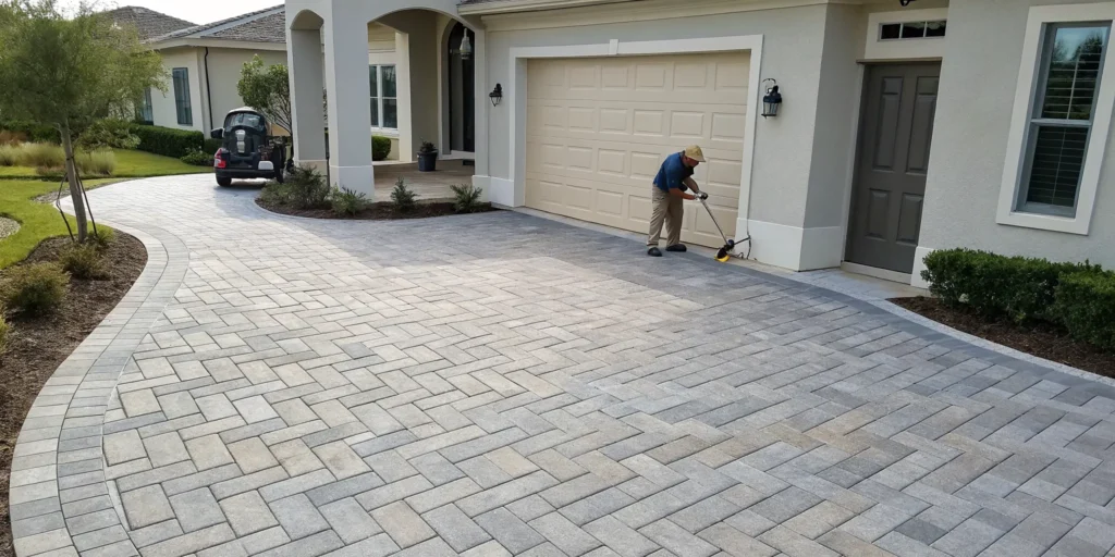 Professional paver sealing services enhancing the color and durability of a residential driveway.