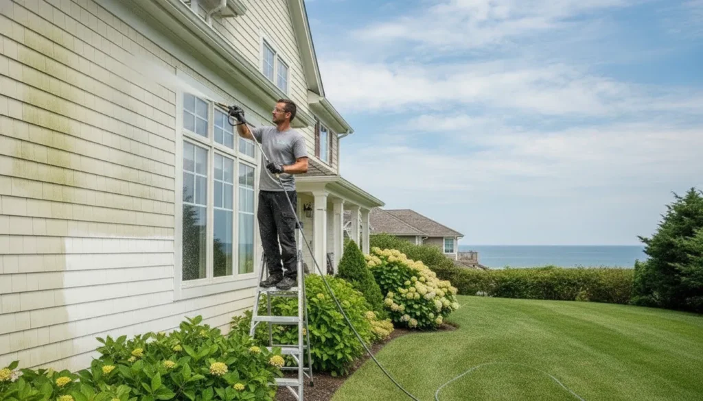 Professional soft washing of vinyl siding on a Long Island coastal home