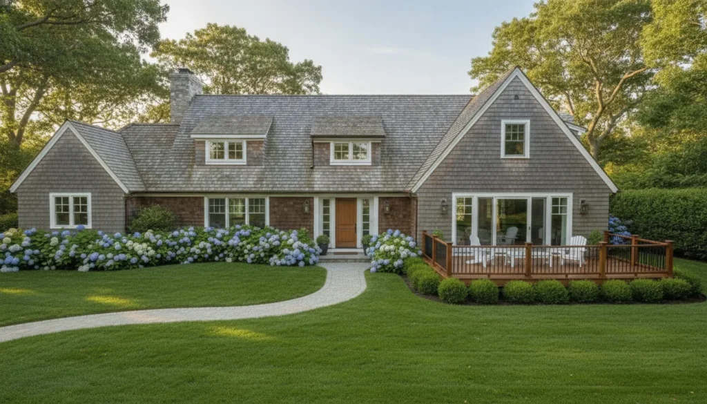 Weathered cedar shake roof on a coastal Long Island home