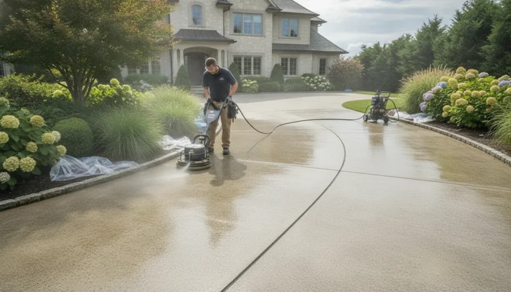 Residential concrete driveway cleaning on a Long Island home