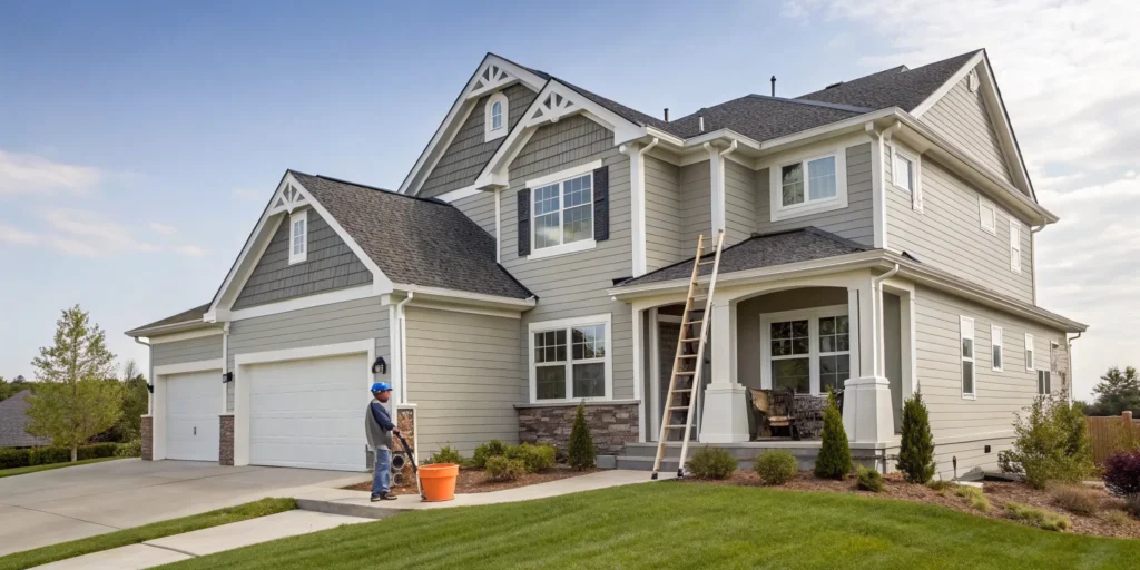 The cost to clean gutters on a 2-story house with a professional worker on a ladder.
