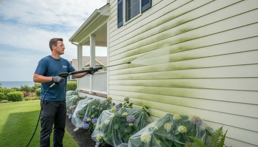 Soft washing vinyl siding on a Long Island coastal home
