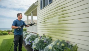 Soft washing vinyl siding on a Long Island coastal home