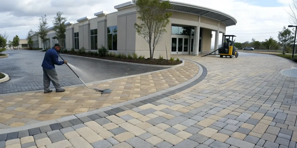 A contractor pressure washing a paver patio before providing a quote for paver sealing.