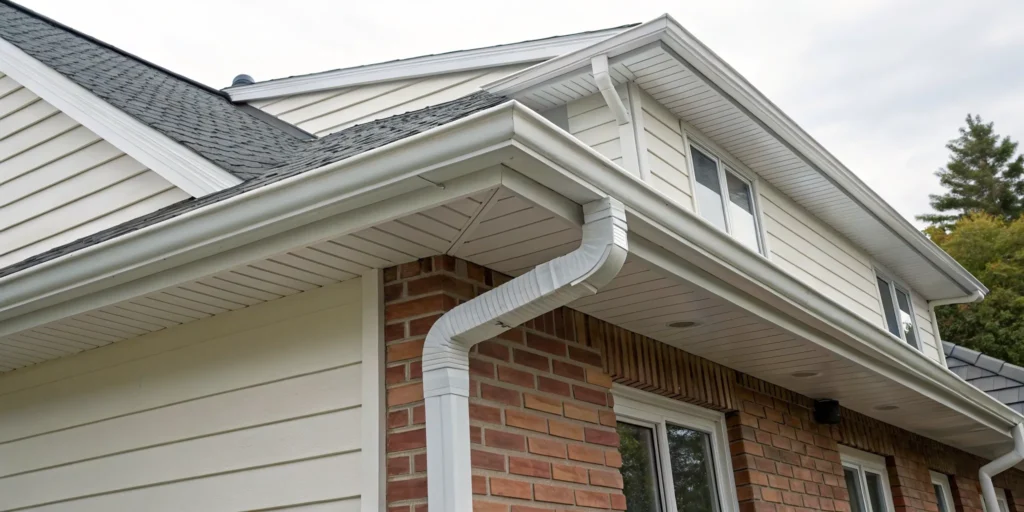 Gutter brightening before and after on a white gutter, showing dark streaks removed.