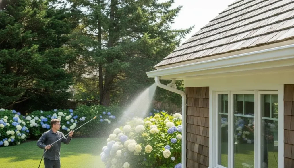 Soft washing gutters on a Long Island coastal home