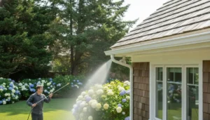 Soft washing gutters on a Long Island coastal home