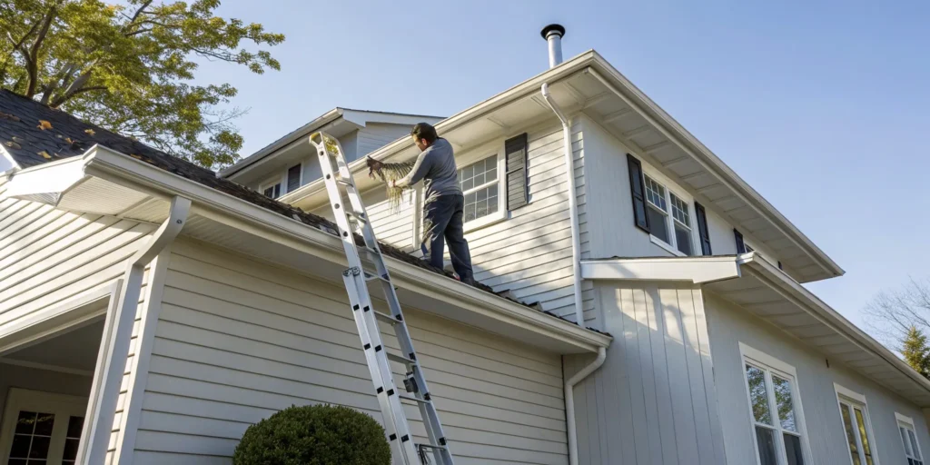 A homeowner on a ladder performs gutter maintenance by cleaning leaves from the rain gutter.