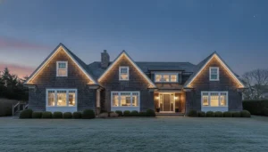 Holiday lights on a tall Hamptons shingle-style home