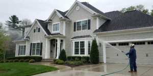 Professional exterior house washing with a pressure washer to remove dirt and boost curb appeal.