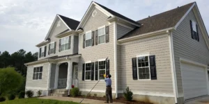 Man safely pressure washing house siding with a long extension wand.