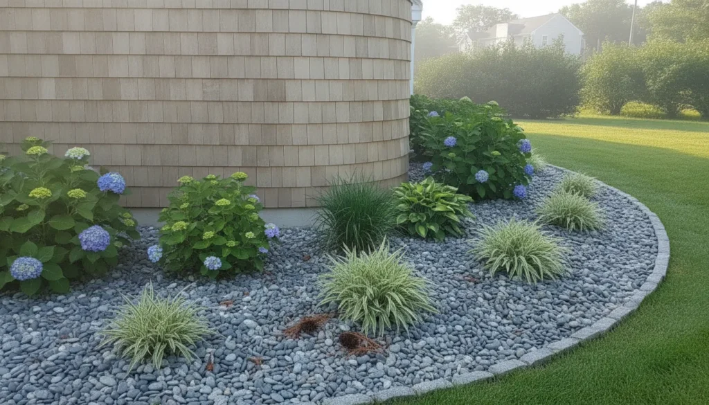 Long Island home siding near a landscaped foundation bed