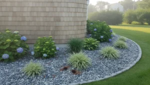 Long Island home siding near a landscaped foundation bed