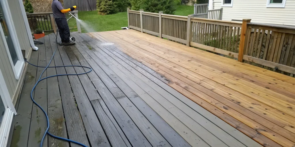 Power washing a weathered wood deck to remove grime before restoration.