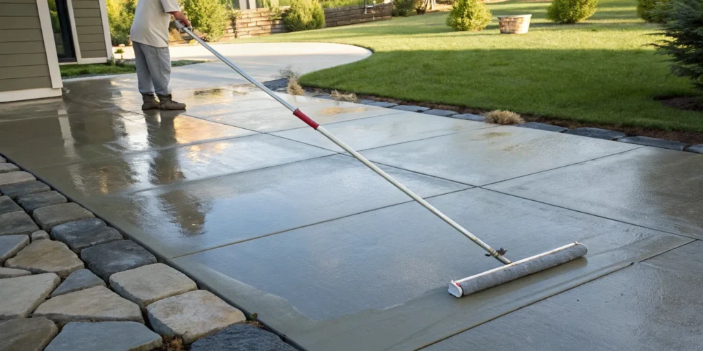 Sealing a concrete patio with a roller after power washing.