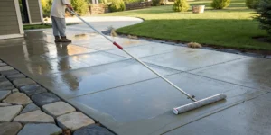 Sealing a concrete patio with a roller after power washing.