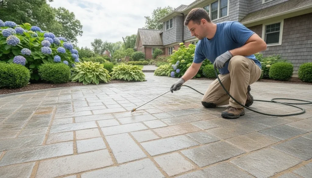 Technician applying joint-stabilizing sealer to clean pavers on a Long Island patio