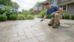 Technician applying joint-stabilizing sealer to clean pavers on a Long Island patio