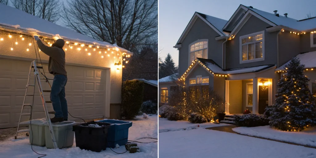 Two houses with outdoor holiday lights, one showing a professional installation and the other a DIY setup.