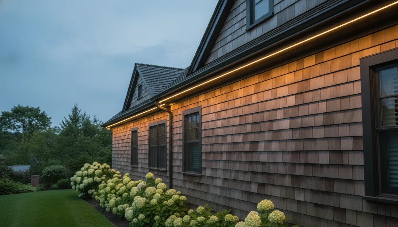 Permanent holiday lights installed neatly along a Hamptons home roofline