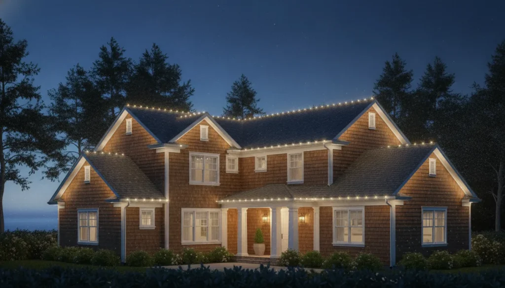 Permanent holiday lighting on a Hamptons cedar-shingle home
