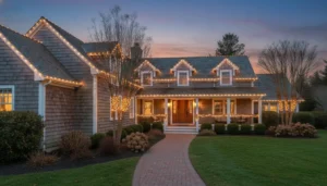Holiday lights on a Long Island cedar-shingle home