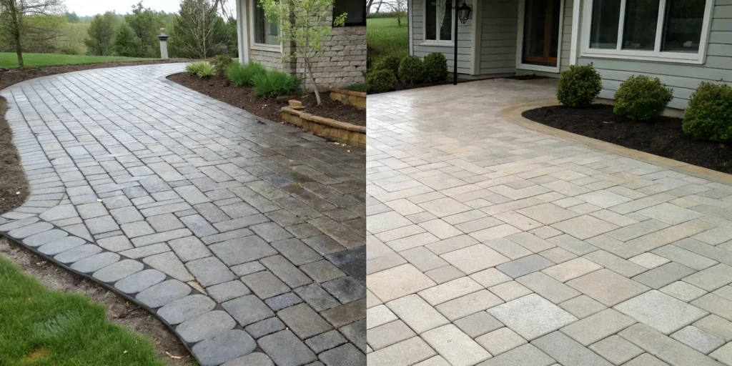 A before and after comparison showing the pros and cons of sealing pavers.
