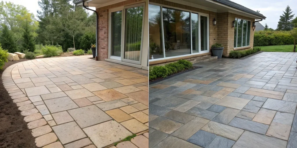 Before and after of sealing pavers with enhanced color and a protective finish.