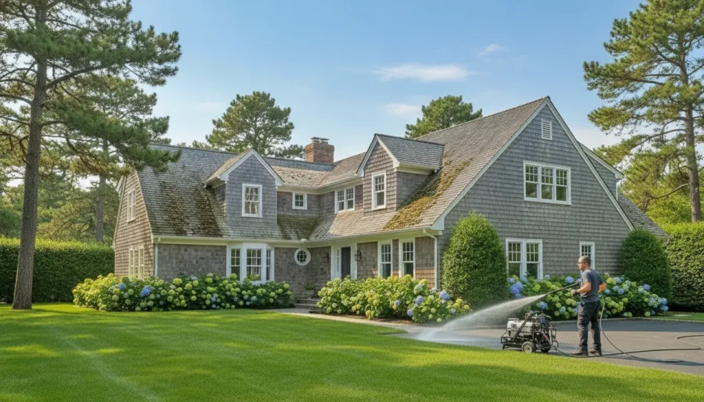 Professional soft washing a coastal Long Island roof