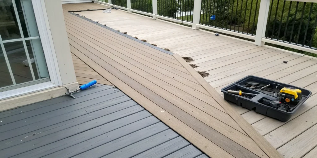 New composite boards being installed, a key part of the cost to resurface a deck.